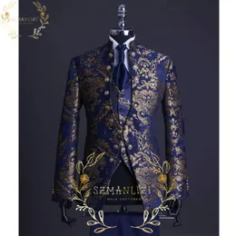 Ternos masculinos Blazers bonitos Boda azul dourado aro floral palco de terno de traje de colar de colarinho de casamento