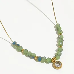 Ketten Peri'sbox Einfache zierliche grün-graue Rocailles-Halskette mit vergoldetem CZ-Edelstahl, dünner Kette, facettierte Perlen, Schmuck