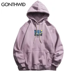 Erkek Hoodies Sweatshirts Gonthwid Van Gogh Yıldızlı Gece Baskı Polar Hoodies Sweatshirt Street Giyim Erkek Hip Hop Külot Kapüşonlu Üstler Erkek Harajuku Jumper 230310