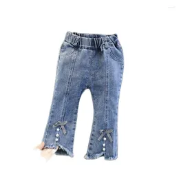Blaue Jeans für Kleinkinder, Mädchen, ausgestellt, Modestil, Grate, Denim, Boot-Cut, Baby-Schleife, Perlen, weites Bein, Schlaghosen für Mädchen