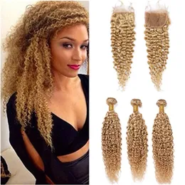 #27 Honey Blonde Kinky Curly Human Hair 3Bundles with Closure Light Brown Brazilian Curly Human Hair Weave Wefts with Lace Closure261J