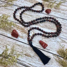 Catene 8MM Red Tigers Eye Pietra lavica Mala Collana 108 Perline annodate Collare nappa nera Mujer