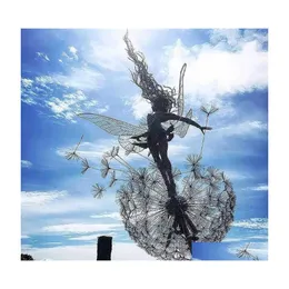 Dekorativa föremål Figurer Landscape Stake Fairies and Dandelions Dance Together Metal Garden Yard Art Decor Lawn Scpture Decora Dh6xh