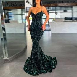 Party Dresses Tobebrida Dark Green Prom Dresses Long Mermaid aftonklänningar Spaghettirand Glitter Sequin Velvet Wedding Guest Dress 230310