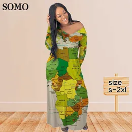 Plus Size Dresses Somo Autumn Clothes Fashion Women Maxi Long Casual Map Printing v Neck Sexy Dress Pullover Wholesale Dropshipping 230307