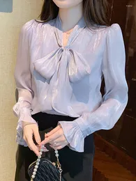 女性のブラウスQoerlin Bow Blouse Party Tops Women 2023 Luxury Sleeve Pearl Bottons Shirts S-2XLエレガントな紫色のシャツ女性オフィス