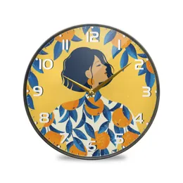 Wall Clocks Home Acrylic Silent Round Wall Clock Lemon Girl Print Hanging Circle Wall Watch Battery Operated Non-Ticking Quiet Desk Clock 230310