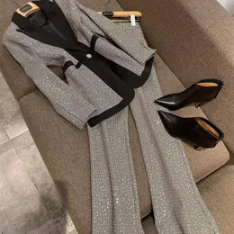 Dwuczęściowe spodnie damskie Est Designer Start Elegant Sexy Sexy Single Button Plaid Blazer i OL High Talle Flare Business 230310