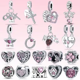 Pandora Original S925 Sterling Silver Angel Wings Pink Love Heart Charm Beads مناسبة لسوار DIY Mashion Jewelry