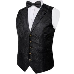 Gilet da uomo Luxury Black Paisley Silk Suit Gilet per uomo Papillon Fazzoletto Gemelli Wedding Party Formal Tuxedo Gilet 230310