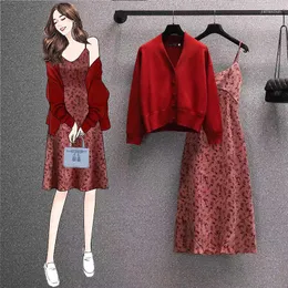 Casual Dresses Ehqaxin Spring Fashion Women's Knitwear Button Lång ärmjacka Korean Floral Sling Dress Two-Piece Set L-4XL