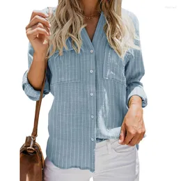 Blouses feminina camisa feminina tops de outono listrado bolsos soltos emenda de manga comprida