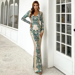 Casual Dresses Women Summer Sexy V-Neck Long Sleeve Slim Fitting Geometry Sparkly Sequins Celebrity Maxi Evening Party Dress Green
