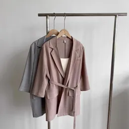 Kvinnors kostymer blazers sommar elegant tunn 3/4 ärm avslag av krage blå blazer kappa linne casaco feminino toppar för kvinnokvinnor