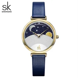 Shengke Women Fashion Blue Quartz Watch Lady Lady Teather Watch -полоса высококачественные повседневные водонепроницаемые наручные часы для жены с Box2319