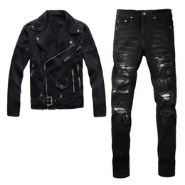 Punk Slim Tracksuits Preto 2pcs Calças Conjuntos para Homens Primavera Slant Zipper Denim Jacket e Remendo Rasgado Stretch Jeans High Street Trendy Men Clothing