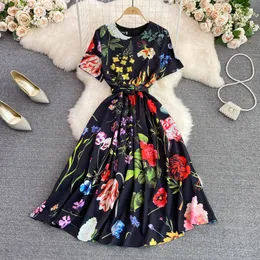 2023 Party Dresses Summer Runway O-Neck Short Sleeve Midi Dress Women Floral Print Office Lady Work One Piece Dress with Belt