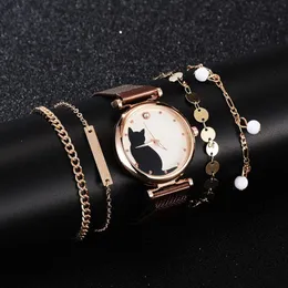 5pcs Set Uhren für Frauen 2020 Mode Magnet Katze Muster Pink Watch Women Quarz Armband Bracelet Watch Drop3311