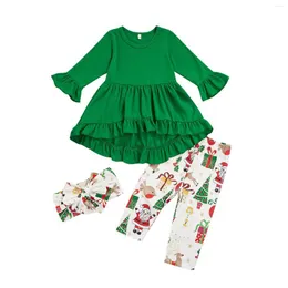 Одежда поставки детей Дети девочки рождественские осенние зимняя весна 3pcs твердый цвет с длинными рукавами оборки вершины для печати шарф 2-7 лет