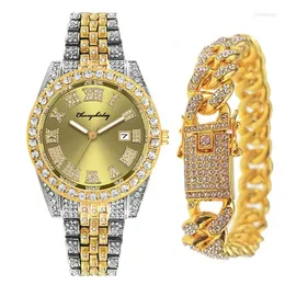 Wristwatches 2PCS Full Iced Out Watches Mens Bracelet Bling Luxury Watch Diamond Jewelry For Men Gold HipHop Set Clocks Gift