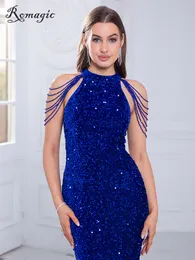 Abiti da festa Blu Perline Abito da sposa sexy senza maniche con scollo all'americana Stretch Paillettes Abito da sera lungo Prom O Collo Aperto Indietro Abito lungo fino al pavimento 2023 230310