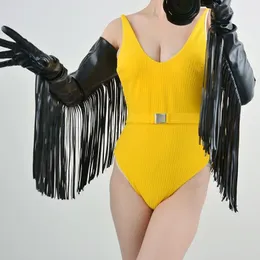 Kostymtillbehör Tassel Leather Gloves Super Long 70 cm Arm sida 30 cm lång strip läder svart imitation läder simulering läder pekskärm