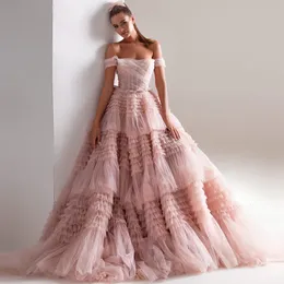 Festklänningar Sevintage Dusty Pink Long Prom Dresses Sweetheart skrynklade Tulle Ruffles Evening Dresses Off Shoulder Tiered A-Line Party Dress 230310