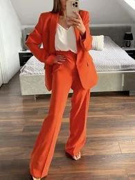 Women's Suits Blazers PTYSIC Women Officewear With Full Sleeve Single Button Flap Pockets Blazer Coat Flare Pants Business Style Female Two Piece Sets 230310