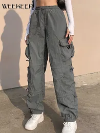 سروال نسائي Capris Weekeep Cargo Pants خمر الجيب الكبير مرن مرنة الساق النحيفة سفن رصاص النساء