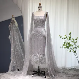 Party Dresses Sharon Said Luxury Feather Crystal Dubai Evening Dress with Cape Bling Gray Mermaid Arabic Formal Dresses for Women Wedding S279 230310