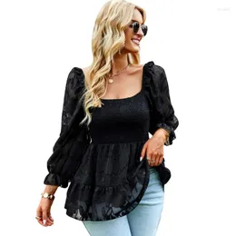 Women's Blouses Womens Elegant Blouse Square Neck Smocked 3/4 Puff Sleeves Chiffon Floral Textured Tunic Shirts Pleated Swing Peplum Top