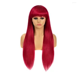 Burgundy Straight Human Hair Wigs With Bangs Brazilan Remy For Women 8-26Inches Non Lace Front Wig