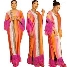 エスニック服アフリカのファッションサテンシルク女性のためのカフタンマキシドレス2023タッセルプリントサマービーチボヘミアンカフタンロングドレス