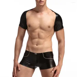 Мужские рубашки мужская мода топы с гей -танцевальной одеждой нижняя одежда кожаная клубная одежда твердый черный тонкий мужчина сексуальный фитнес