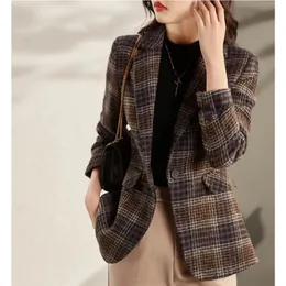 Damenanzüge Blazer Herbst Wollmantel Retro Britischer Stil Moderne Karierte Jacken Schlanke Taille Wollanzugjacke Futter Frühlingsblazer Weiblich Out 230311