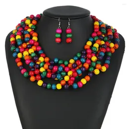 Necklace Earrings Set African Ethnic Exaggerated Colorful Handmade Wood Beads Braided Multi Layer Tassel Pendants Collar Choker