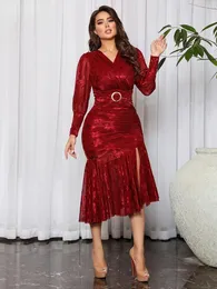 Lässige Kleider Herbst Damen Langarm Rot Partykleid Sexy Wrap Bandage V-Ausschnitt Drapiert Promi Abend Split Club Maxi Meerjungfrau