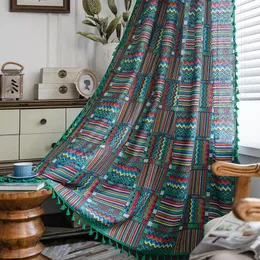 Gardin amerikansk stil blå grön våg bomullslinne geometriskt sovrum vardagsrum kök boho gardiner bohemian