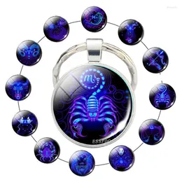 Keychains 12 Zodiac Sign Scorpion Lion Glass Metal Keychain Women Men Couples Car Key Holder Rings Fashion Astrology Gifts