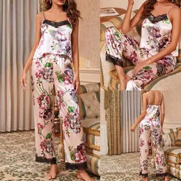 Pijama de dos piezas para Mujer, pijama con tirantes para Mujer, camisón, lencería Sexy, ropa interior de seda satinada, encaje con estampado Floral 2023