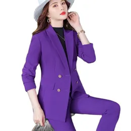 Damskie garnitury Blazers Lenshin 2 -częściowy zestaw mniej to prosty kombinezon spodni z Pockets Pockets Office Projekty Kobiet Purple Kurtka i Spodni 230311