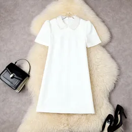 Yaz Kısa Kollu Mini Elbise Peter Pan Boyun Beyaz / Siyah Düz Renk Örgü Boncuklu Panelli Kısa Zarif Günlük Elbiseler 22L025042