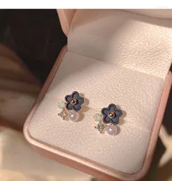 أقراط مسمار ملونة L 925 Sterling Silver Sweet Design Flower Shape Pearl for Women Zircon Party Jewelry Gifts