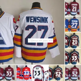 1972-1999 영화 레트로 CCM 하키 저지 자수 21 Peterforsberg 27 Johnwensink 33 Patrickroy 52 Adamfoote Vintage Jerseys Blue Red White Men