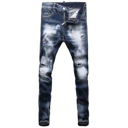 Jeans masculinos European Moda Vintage Men retro azul elástico Slim Fit Ripped Wash Plain Destruído Hip Hop Denim Punk