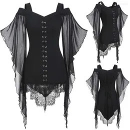 Women's T Shirts Gothic Sheer Mesh Flare Sleeves Shirt Black Lace Up Ruched Blouses Top For Women Spring Fall Streetwear Tee Blusa Feminina