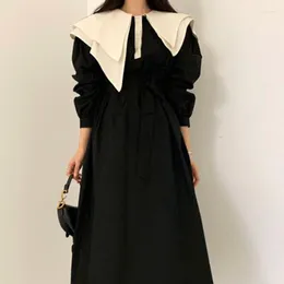 Sıradan Elbiseler Hstar Fener Uzun Kollu Elbise Kadın 2023 Sonbahar Moda Bel Düzensiz Kazan Çırpma Gevşek Siyah Jurk