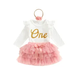 Clothing Sets 018M Baby Girls Birthday One Year Birthday Clothes Set Long Sleeve Letter One 100% Cotton Bodysuits Layered Mesh Skirt Headband 230310