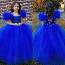 Abiti da ragazza Fiore principessa blu reale per matrimonio Perline Tulle Bambini Festa di compleanno Abito da ballo Prima comunione 2023