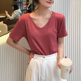 Women's T Shirts Summer Korean High Quality Solid Color Pure Cotton T-shirts Female Vintage Casual Tops Short Sleeve V-neck Slim Tee